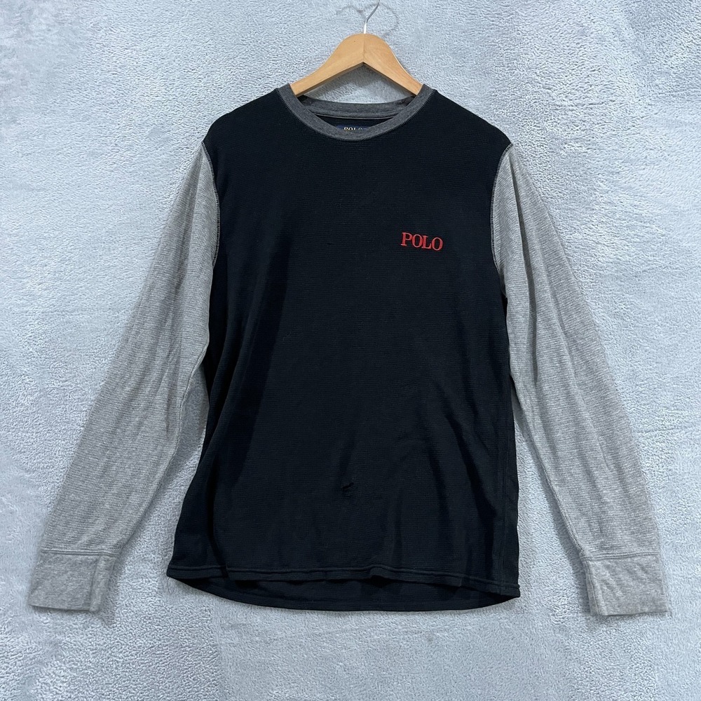 Polo Ralph Lauren Thermal Shirts Mens L Black Gray Cotton Crew Neck Waffle Knit